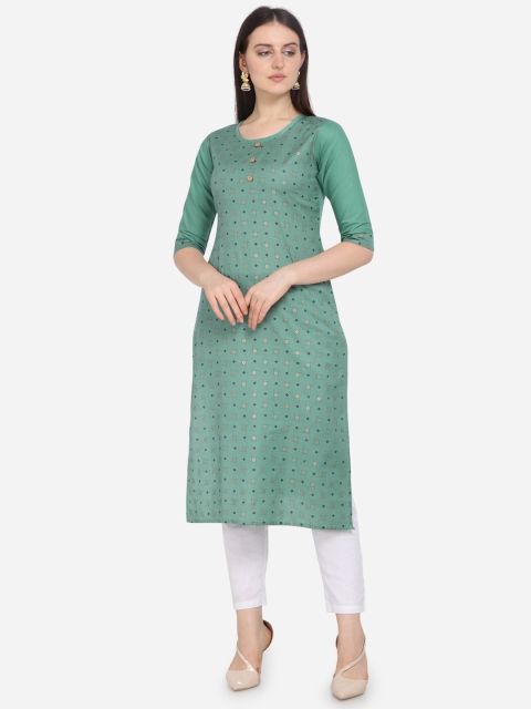 Kvsfab Women Sea Green Printed Straight Kurta