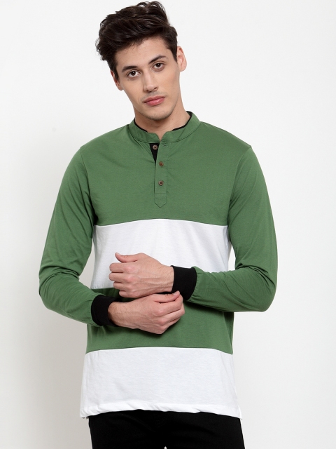 Kalt Men Olive Green & White Colourblocked Henley Neck T-shirt