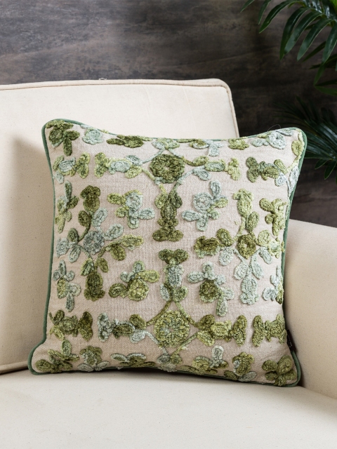 Pure Home and Living Cream-Coloured & Green Single Embroidered Square Cushion Cover