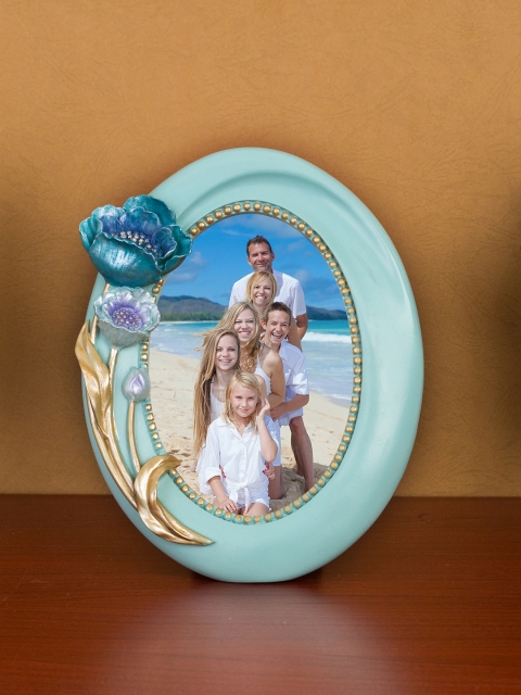 Golden Peacock Blue & Gold-Toned Textured Oval MDF Table-Top Photo Frame