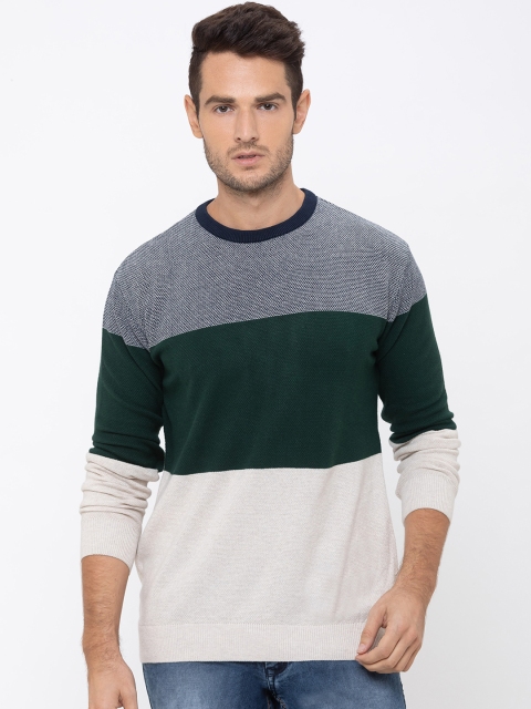 Globus Men Cream-Coloured & Green Colourblocked Pullover Sweater