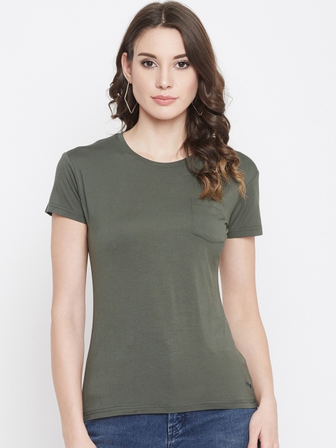 Plagg Women Olive Green Solid Round Neck T-shirt