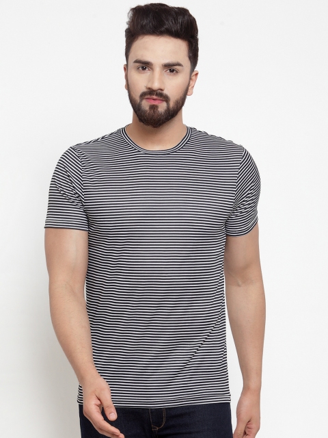 DOOR74 Men Black & White Striped Round Neck T-shirt