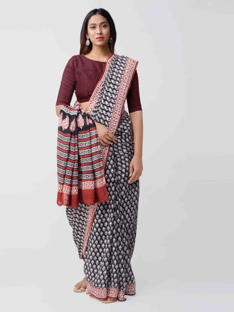 Unnati Silks Black & Red Organza Printed Kota Handloom Saree