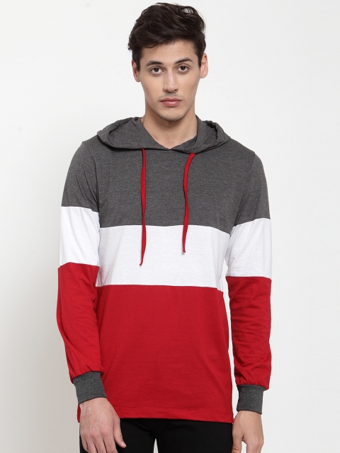 Kalt Men Red & Grey Colourblocked Hood T-shirt