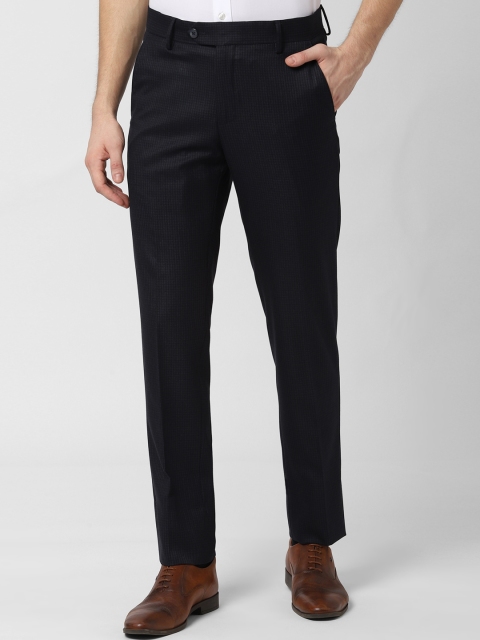 Peter England Elite Men Navy Blue Slim Fit Checked Formal Trousers