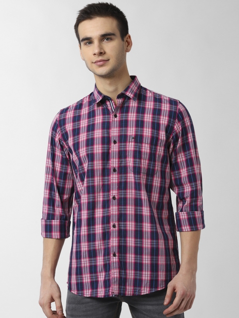 Peter England Casuals Men Pink & Navy Blue Slim Fit Checked Casual Shirt
