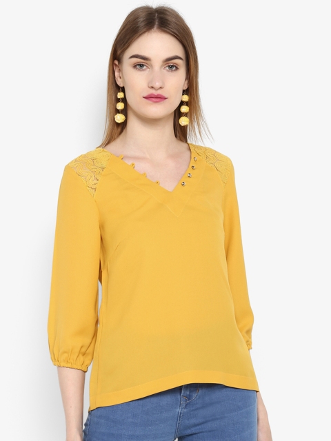 FOSH Women Mustard Yellow Solid Styled Back Top