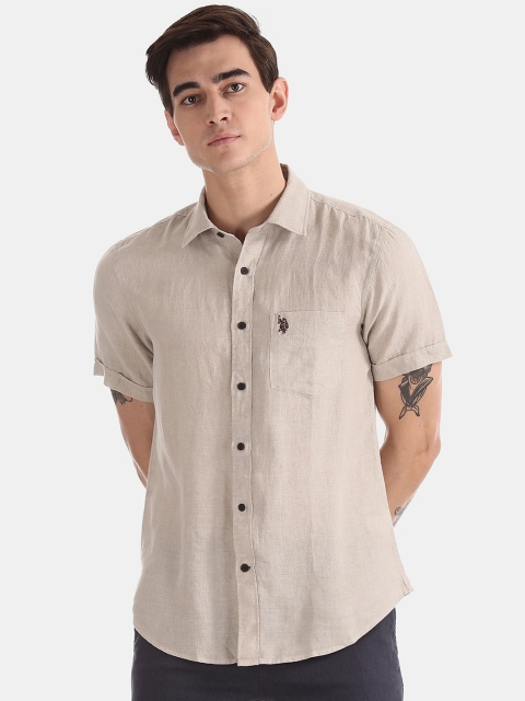 U.S. Polo Assn. Men Beige Regular Fit Solid Linen Casual Shirt