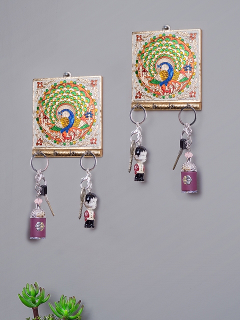 Golden Peacock Set of 2 Multicoloured Wooden Key Holder Showpiece, Multi