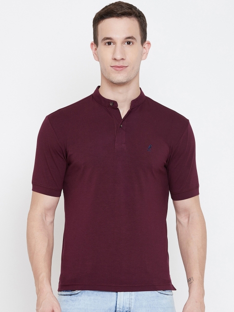 HARBORNBAY Men Maroon Solid Mandarin Collar T-shirt
