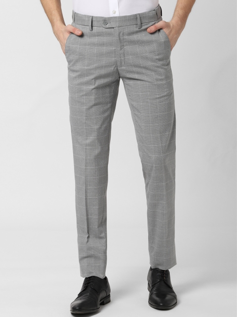 Peter England Men Grey Slim Fit Checked Formal Trousers