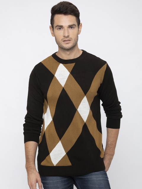 Globus Men Coffee Brown & Beige Checked Pullover Sweater