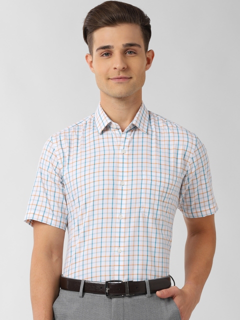 Peter England Men White & Blue Regular Fit Checked Formal Shirt