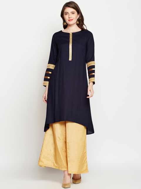 RARE Women Navy Blue & Beige Solid A-Line Kurta