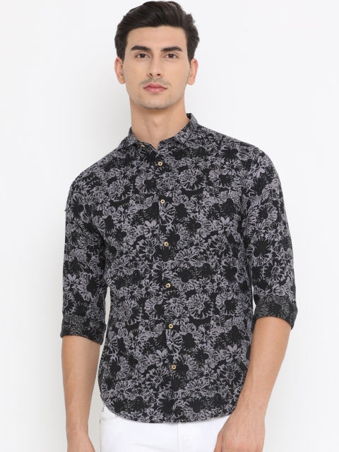 WITH Men Black & Grey Slim Fit Floral Printed Casual Shirt