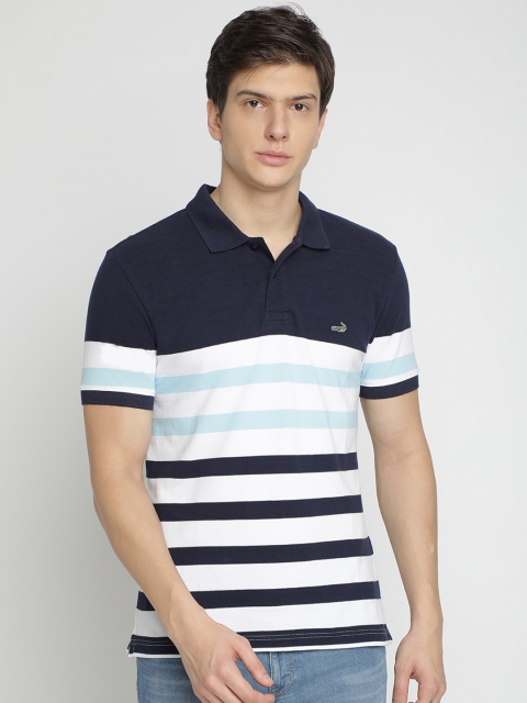 Crocodile Men Navy Blue & White Striped Polo Collar T-shirt