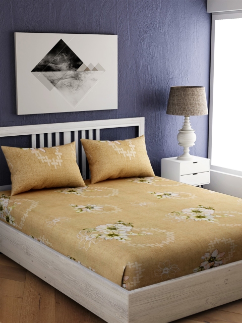 EverHOME Yellow Floral 144 TC Cotton 1 King Bedsheet with 2 Pillow Covers