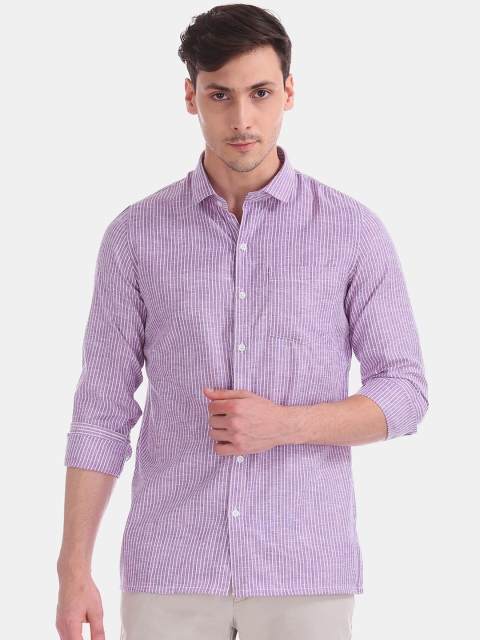 Excalibur Men Lavender & White Regular Fit Striped Formal Shirt