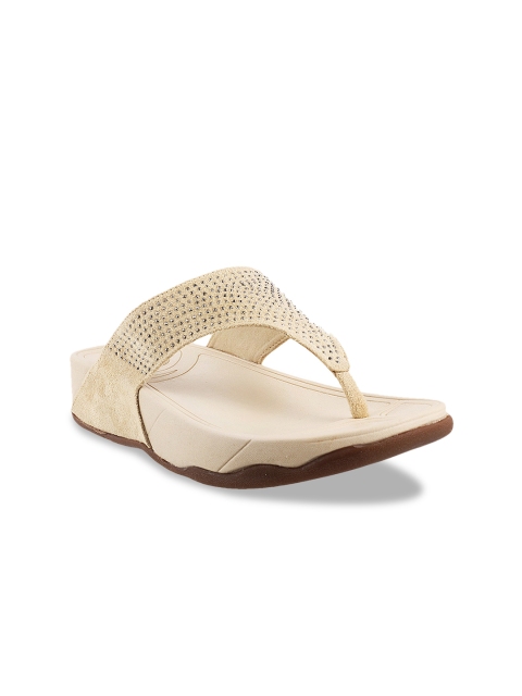 Mochi Women Beige Solid Embellished Comfort Heels