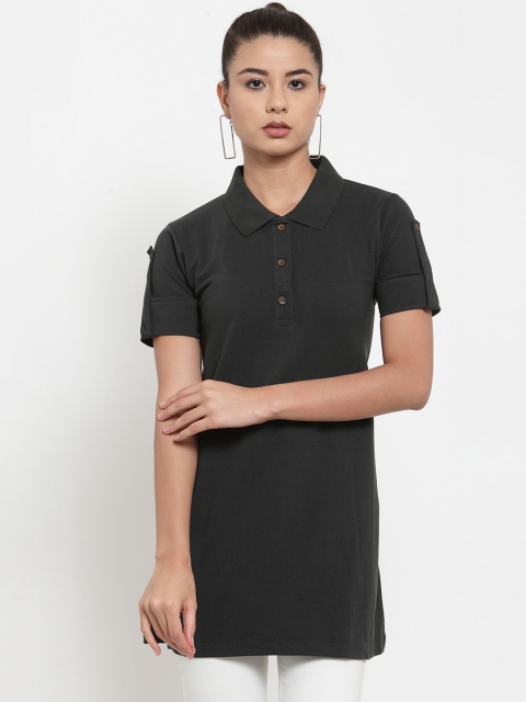 Kalt Women Bottle Green Solid Polo Collar Longline T-shirt