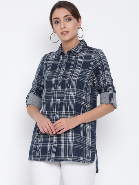 Oxolloxo Women Navy Blue Checked Shirt Style Top