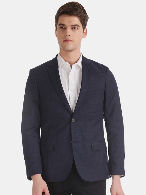 AD By Arvind Men Navy Blue Checked Tailored Regular-Fit Single-Breasted Blazer