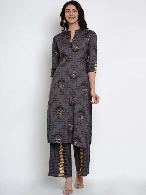 Yuris Women Grey & Gold-Toned Printed Kurta with Palazzos