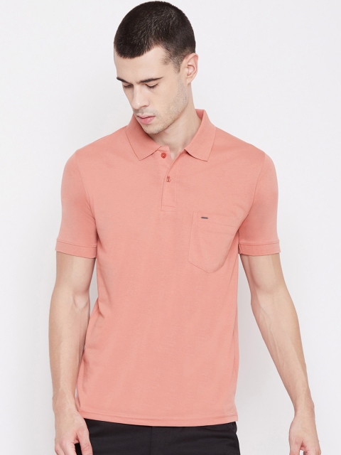 Okane Men Salmon Pink Solid Polo Collar T-shirt