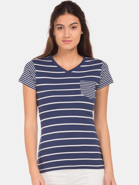 Cherokee Women Blue & White Striped V-Neck T-shirt