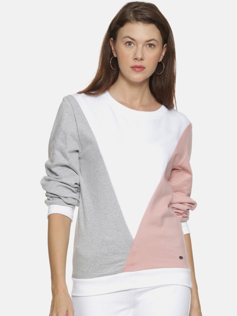 Campus Sutra Women Grey & Pink Colourblocked Sweatshirt