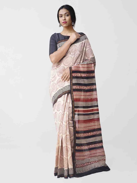 Unnati Silks Women Beige Silk Cotton Floral Printed Chanderi Saree