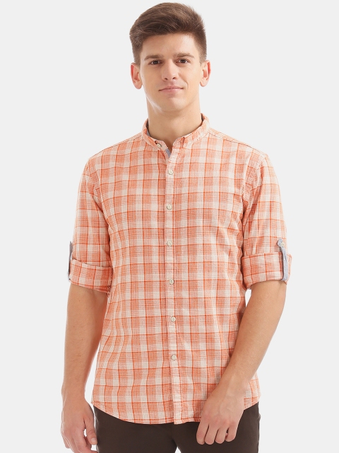 Cherokee Men Orange & Cream Regular Fit Checked Casual Shirt