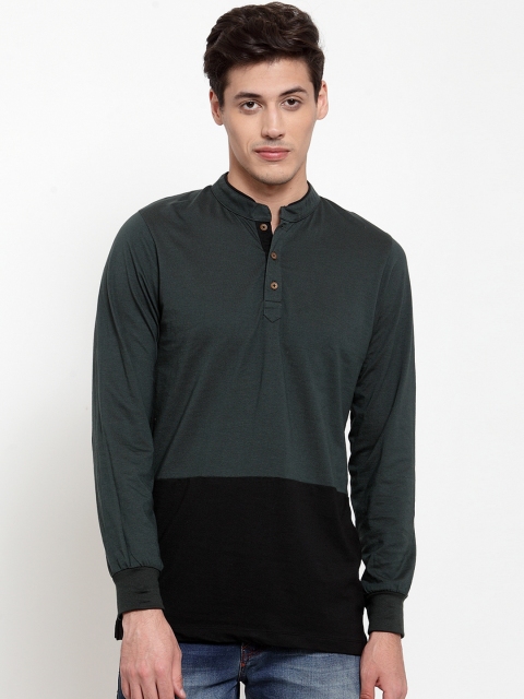 Kalt Men Green & Black Colourblocked Mandarin Collar T-shirt