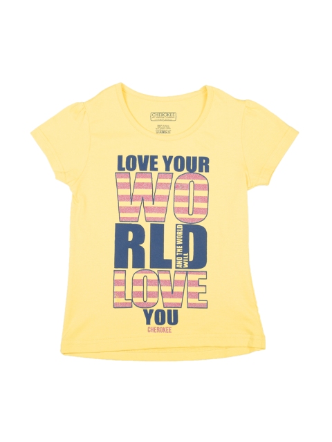 Cherokee Girls Yellow Printed Round Neck T-shirt