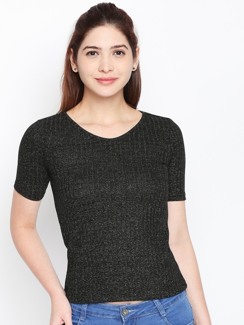 Forever Glam by Pantaloons Women Black Self Design Sheen Crop Top