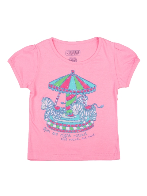 Cherokee Girls Pink & Blue Printed Round Neck T-shirt