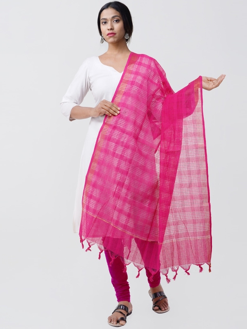 Unnati Silks Pink Checked Sustainable Dupatta with Tassels