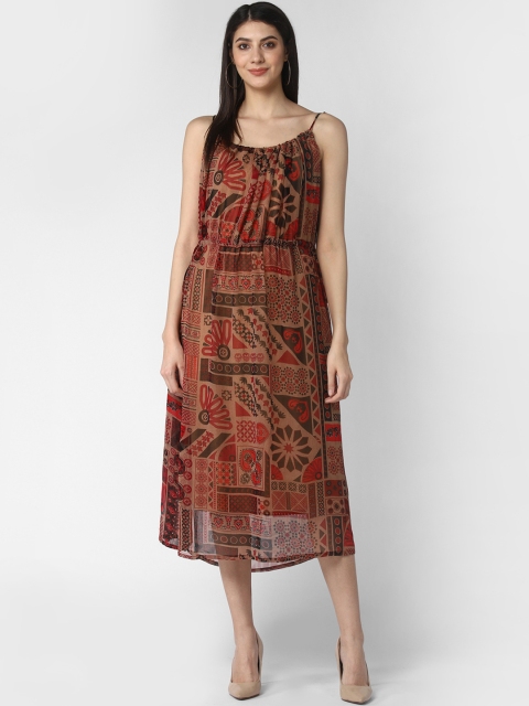 StyleStone Women Maroon & Brown Floral Printed Chiffon Fit and Flare Dress