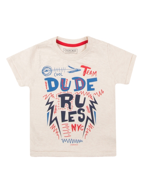 Cherokee Boys Cream-Coloured Printed Round Neck T-shirt