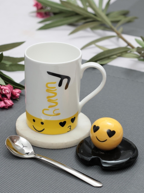 JCPL White & Yellow Funny Smiley Printed Mug With Lid & Spoon