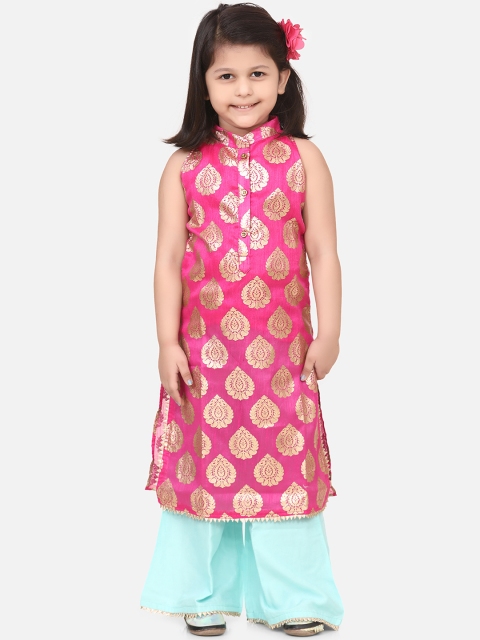 LilPicks Girls Pink & Turquoise Blue Printed Kurta with Palazzos