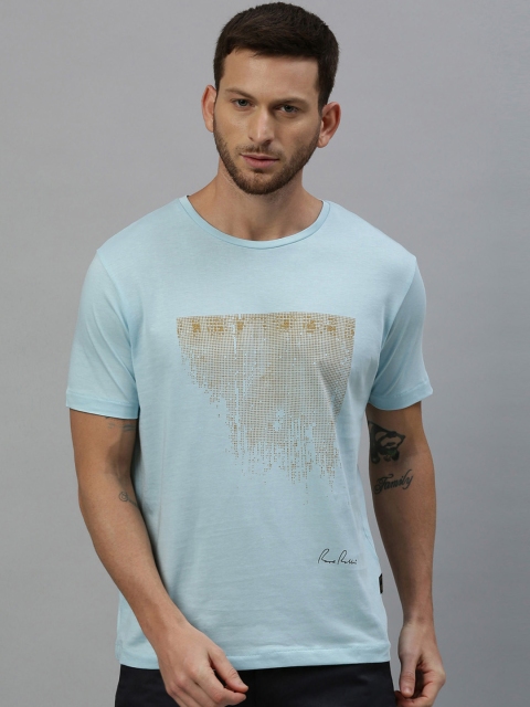 RARE RABBIT Men Turquoise Blue Printed Round Neck T-shirt