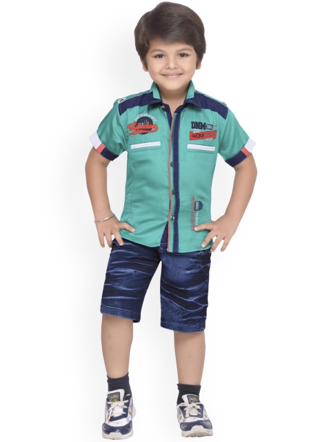 Aj DEZInES Boys Green & Blue Printed Shirt with Shorts