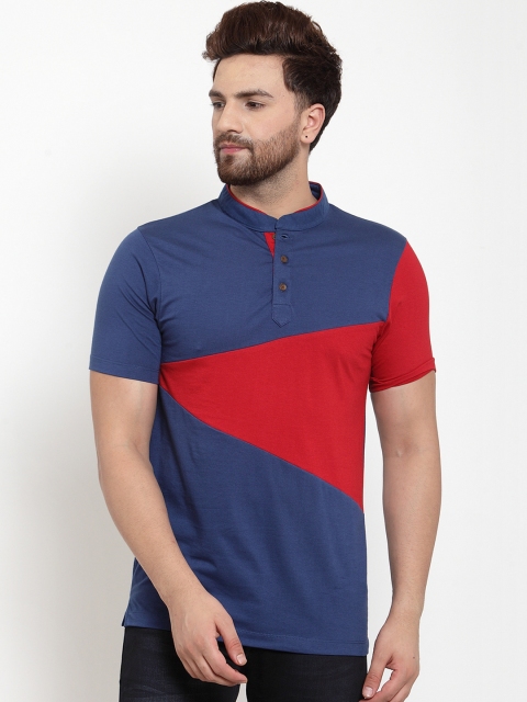 Kalt Men Blue & Red Colourblocked Mandarin Collar T-shirt