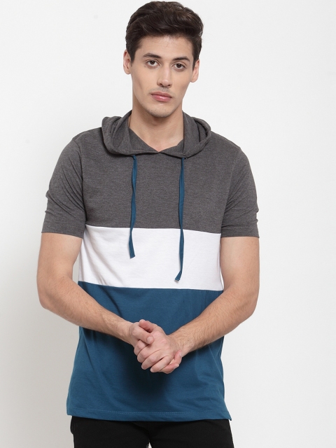 Kalt Men Teal Blue Colourblocked Hood T-shirt