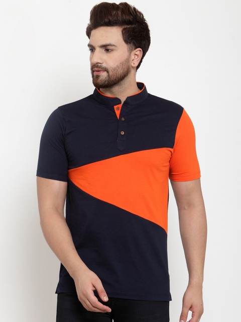 Kalt Men Navy Blue & Orange Colourblocked T-shirt