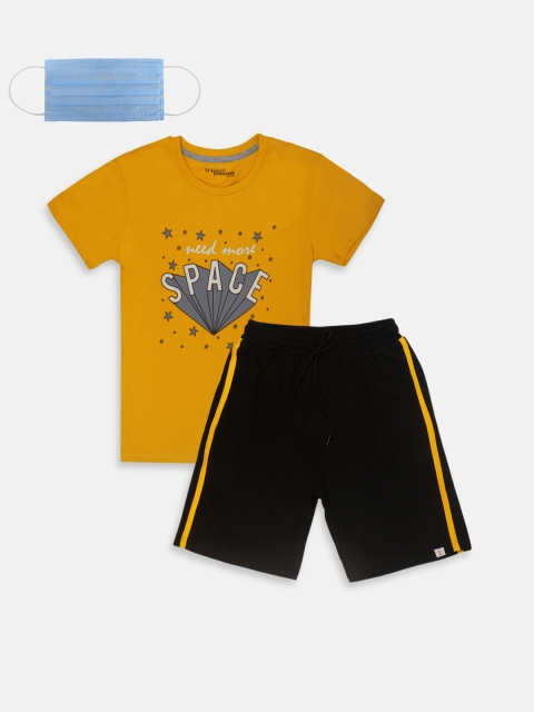 Lil Tomatoes Boys Mustard Yellow Black Printed Night suit