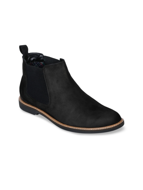 Bruno Manetti Men Black Solid Suede Mid-Top Flat Boots