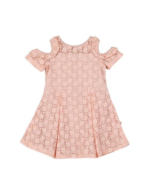 Budding Bees Girls Peach-Coloured Self Design Fit and Flare Lace Dress